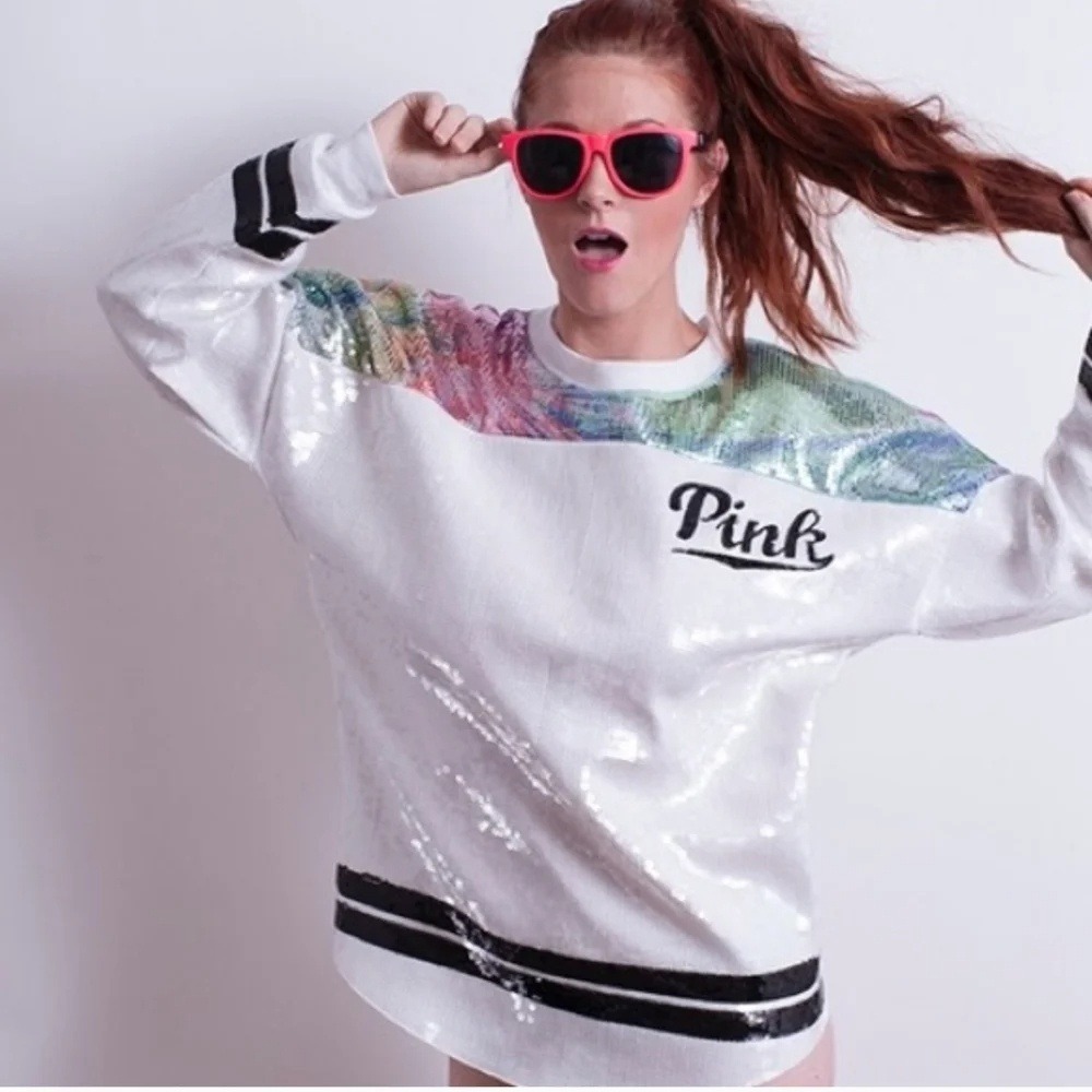 PINK Victorias Secret Limited Release Sequin Open Back Varsity Sweatshirt Small